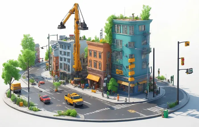 Construction Equipment with a City in the Background 3D Picture Artwork Illustration